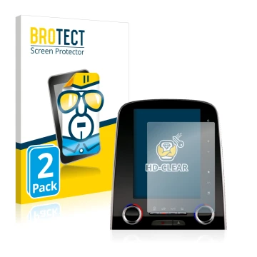 Front side of a product packaging with the brand logo BROTECT. Next to it is the device Renault Scenic R-Link 2 8.7