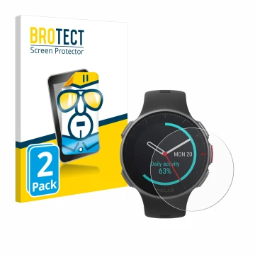 Front side of a product packaging with the brand logo BROTECT. Next to it is the device Polar Vantage V Titan shown with the c