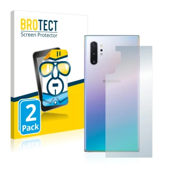 Front side of a product packaging with the brand logo BROTECT. Next to it is the device Samsung Galaxy Note 10 Plus (Back) sho