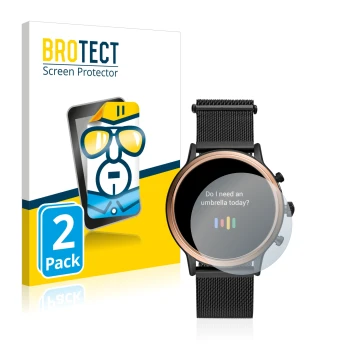 Front side of a product packaging with the brand logo BROTECT. Next to it is the device Fossil Julianna HR (5.Gen) shown with 