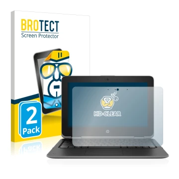 Front side of a product packaging with the brand logo BROTECT. Next to it is the device HP ProBook x360 11 G3 shown with the c