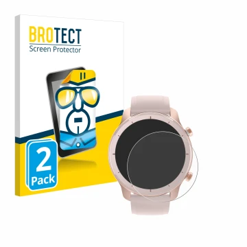 Front side of a product packaging with the brand logo BROTECT. Next to it is the device Huami Amazfit GTR (42 mm) shown with t