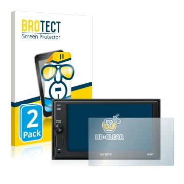 Front side of a product packaging with the brand logo BROTECT. Next to it is the device Sony XAV-AX1005DB shown with the corre
