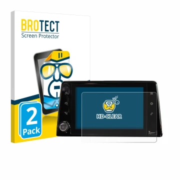 Front side of a product packaging with the brand logo BROTECT. Next to it is the device Peugeot Rifter 2019 Infotainment Syste
