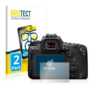 Front side of a product packaging with the brand logo BROTECT. Next to it is the device Canon EOS 90D shown with the correspon