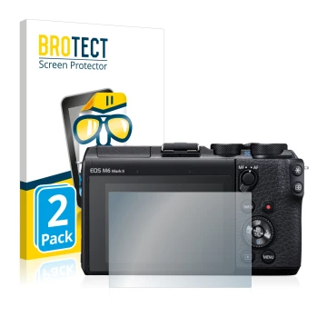 Front side of a product packaging with the brand logo BROTECT. Next to it is the device Canon EOS M6 Mark II shown with the co
