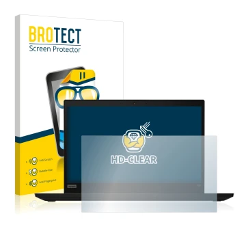 Front side of a product packaging with the brand logo BROTECT. Next to it is the device Lenovo ThinkPad X390 Non-Touch shown w
