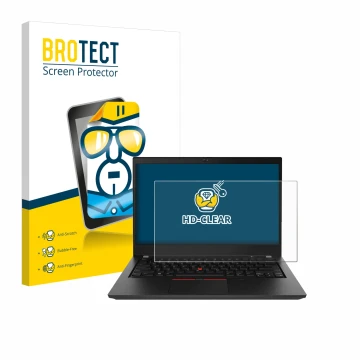 Front side of a product packaging with the brand logo BROTECT. Next to it is the device Lenovo ThinkPad T490 Non-Touch shown w