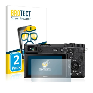 Front side of a product packaging with the brand logo BROTECT. Next to it is the device Sony Alpha 6600 shown with the corresp