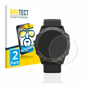 Front side of a product packaging with the brand logo BROTECT. Next to it is the device Garmin Fenix 6X Pro shown with the cor