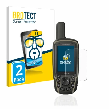 Front side of a product packaging with the brand logo BROTECT. Next to it is the device Garmin GPSMAP 64sx shown with the corr