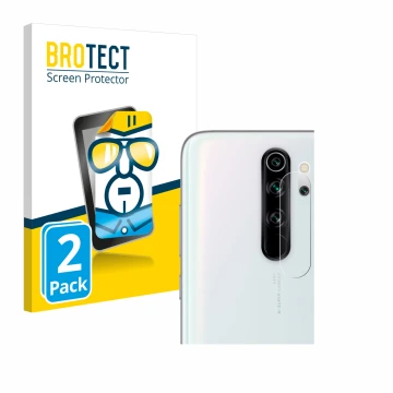 Front side of a product packaging with the brand logo BROTECT. Next to it is the device Xiaomi Redmi Note 8 Pro (ONLY Camera L