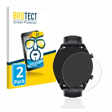Front side of a product packaging with the brand logo BROTECT. Next to it is the device Huawei Watch GT 2 (46 mm) shown with t