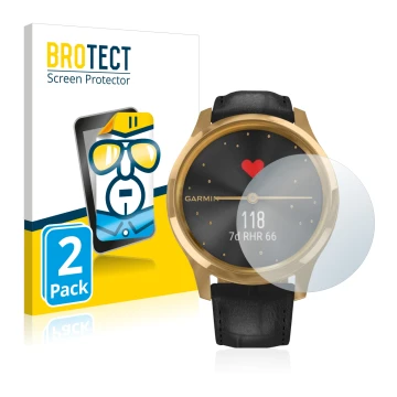 Front side of a product packaging with the brand logo BROTECT. Next to it is the device Garmin vivomove Luxe (42 mm) shown wit