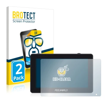 Front side of a product packaging with the brand logo BROTECT. Next to it is the device Feelworld F6 Plus shown with the corre