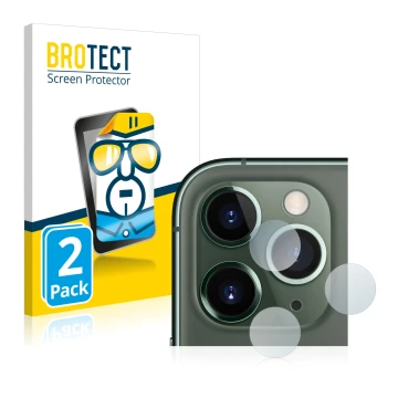 Front side of a product packaging with the brand logo BROTECT. Next to it is the device Apple iPhone 11 Pro Max (ONLY Camera L