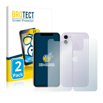 Front side of a product packaging with the brand logo BROTECT. Next to it is the device Apple iPhone 11 (Front+Back) shown wit
