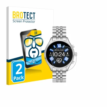 Front side of a product packaging with the brand logo BROTECT. Next to it is the device Michael Kors Access Lexington 2 shown 