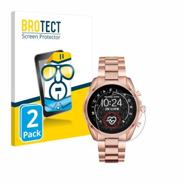Front side of a product packaging with the brand logo BROTECT. Next to it is the device Michael Kors Access Bradshaw 2 shown w
