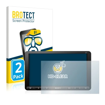 Front side of a product packaging with the brand logo BROTECT. Next to it is the device Sony XAV-AX8050D shown with the corres