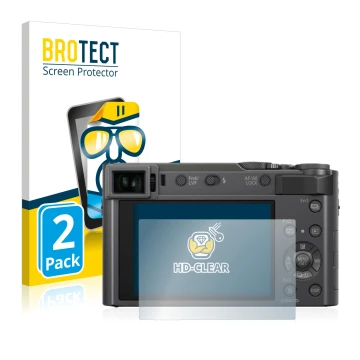 Front side of a product packaging with the brand logo BROTECT. Next to it is the device Panasonic Lumix DC-TZ200 shown with th
