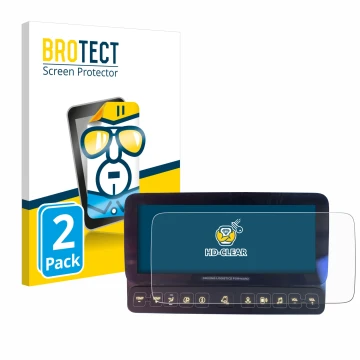 Front side of a product packaging with the brand logo BROTECT. Next to it is the device Mercedes-Benz Actros 2019 Touch-Displa
