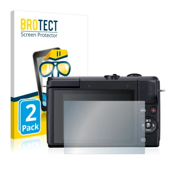 Front side of a product packaging with the brand logo BROTECT. Next to it is the device Canon EOS M200 shown with the correspo
