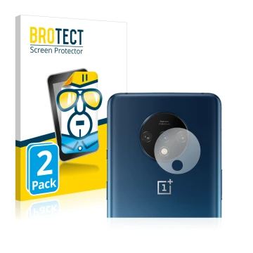 Front side of a product packaging with the brand logo BROTECT. Next to it is the device OnePlus 7T (ONLY Camera Lens) shown wi