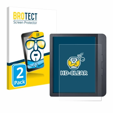 Front side of a product packaging with the brand logo BROTECT. Next to it is the device Kobo Libra H2O shown with the correspo