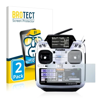 Front side of a product packaging with the brand logo BROTECT. Next to it is the device Robbe Futaba T32MZ shown with the corr