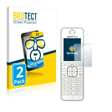 Front side of a product packaging with the brand logo BROTECT. Next to it is the device AVM Fritz!Fon C6 shown with the corres