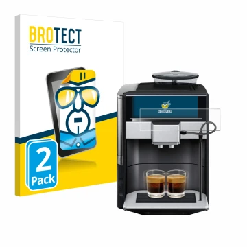 Front side of a product packaging with the brand logo BROTECT. Next to it is the device Siemens EQ.6 plus s700 shown with the 