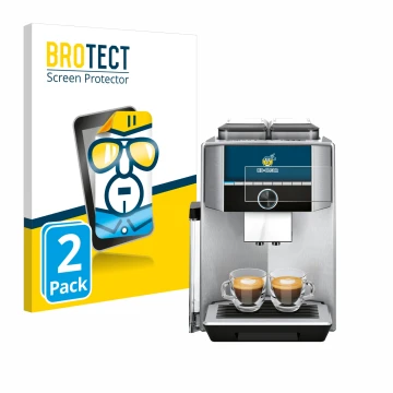 Front side of a product packaging with the brand logo BROTECT. Next to it is the device Siemens EQ.9 plus connect s700 4,3