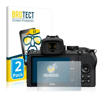 Front side of a product packaging with the brand logo BROTECT. Next to it is the device Nikon Z 50 shown with the correspondin
