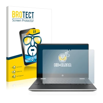 Front side of a product packaging with the brand logo BROTECT. Next to it is the device HP Pavilion x360 (14-dhX) shown with t