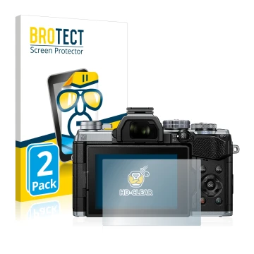 Front side of a product packaging with the brand logo BROTECT. Next to it is the device Olympus OM-D E-M5 Mark III shown with 