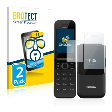 Front side of a product packaging with the brand logo BROTECT. Next to it is the device Nokia 2720 Flip shown with the corresp