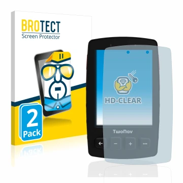 Front side of a product packaging with the brand logo BROTECT. Next to it is the device TwoNav Trail 2 Bike shown with the cor