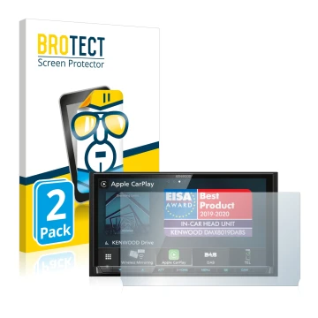 Front side of a product packaging with the brand logo BROTECT. Next to it is the device Kenwood DMX8019DABS (with cutout) show