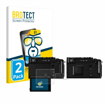 Front side of a product packaging with the brand logo BROTECT. Next to it is the device Fujifilm X-Pro3 shown with the corresp