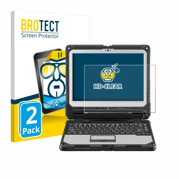 Front side of a product packaging with the brand logo BROTECT. Next to it is the device Panasonic Toughbook CF-33 shown with t
