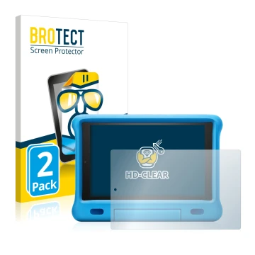 Front side of a product packaging with the brand logo BROTECT. Next to it is the device Amazon Fire HD 10 Kids 2019 (9th Gen.)