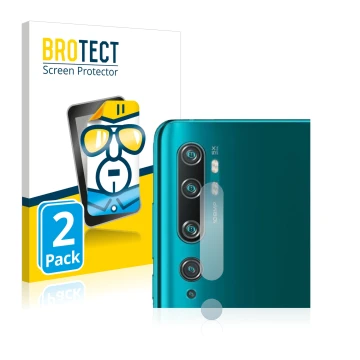 Front side of a product packaging with the brand logo BROTECT. Next to it is the device Xiaomi Mi Note 10 Pro (ONLY Camera Len