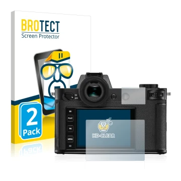 Front side of a product packaging with the brand logo BROTECT. Next to it is the device Leica SL2 shown with the corresponding