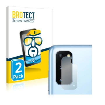 Front side of a product packaging with the brand logo BROTECT. Next to it is the device Samsung Galaxy S20 (ONLY Camera Lens) 