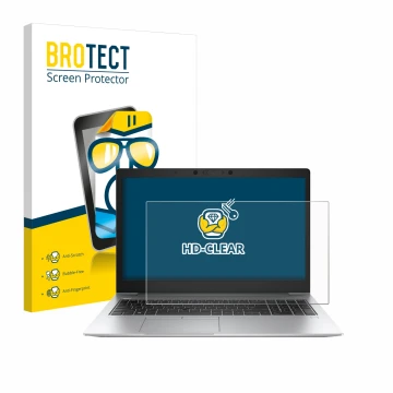 Front side of a product packaging with the brand logo BROTECT. Next to it is the device HP EliteBook 850 G6 shown with the cor