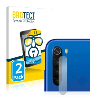 Front side of a product packaging with the brand logo BROTECT. Next to it is the device Xiaomi Redmi Note 8T (ONLY Camera Lens