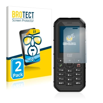 Front side of a product packaging with the brand logo BROTECT. Next to it is the device Caterpillar Cat B26 shown with the cor