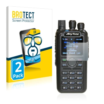 Front side of a product packaging with the brand logo BROTECT. Next to it is the device AnyTone AT-D878UV shown with the corre