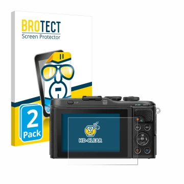 Front side of a product packaging with the brand logo BROTECT. Next to it is the device Olympus PEN E-PL10 shown with the corr